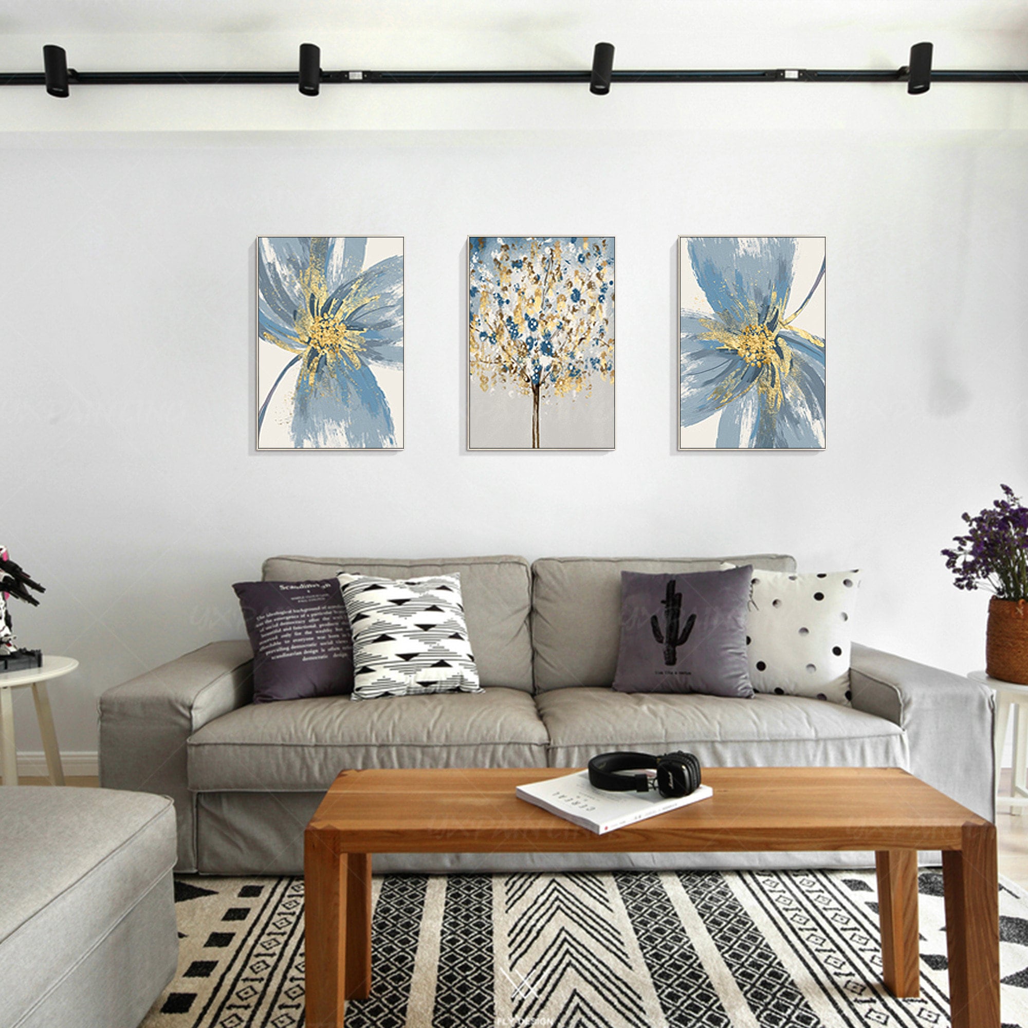 Framed painting Gold and blue art 3 pieces wall art Abstract Etsy