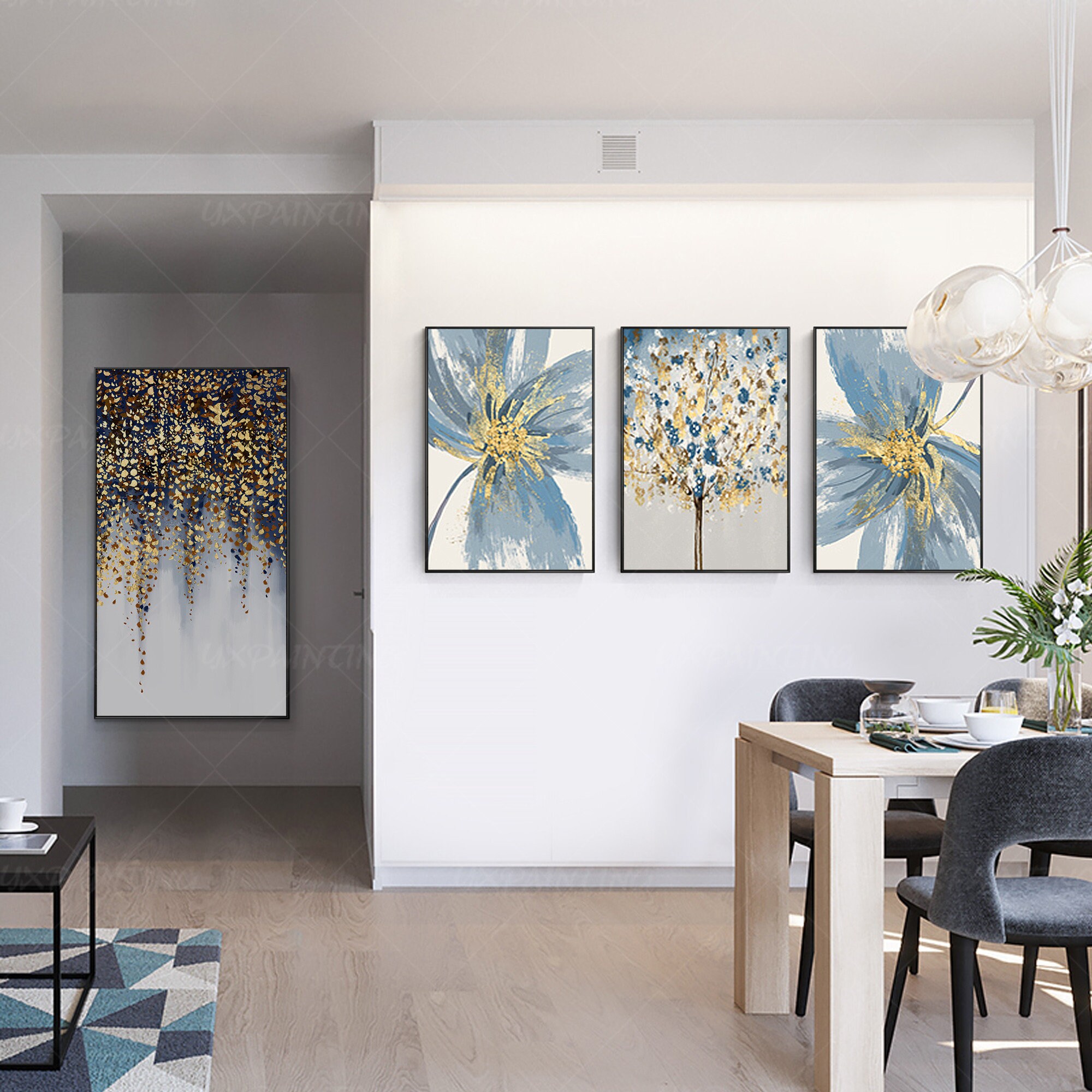 Framed painting Gold and blue art 3 pieces wall art Abstract Etsy