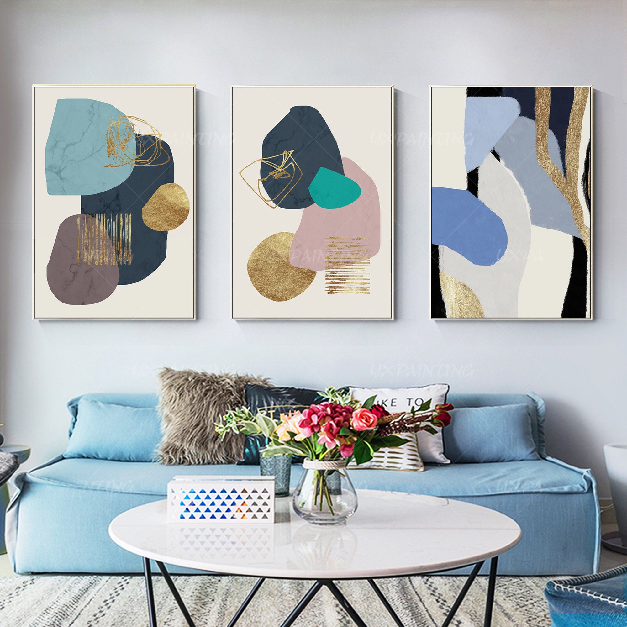 Abstrakter Baum Leinwandbild-Set - 3-teilig, Blau-silber, Handbemalt, Für Wohnzimmer & Schlafzimmer