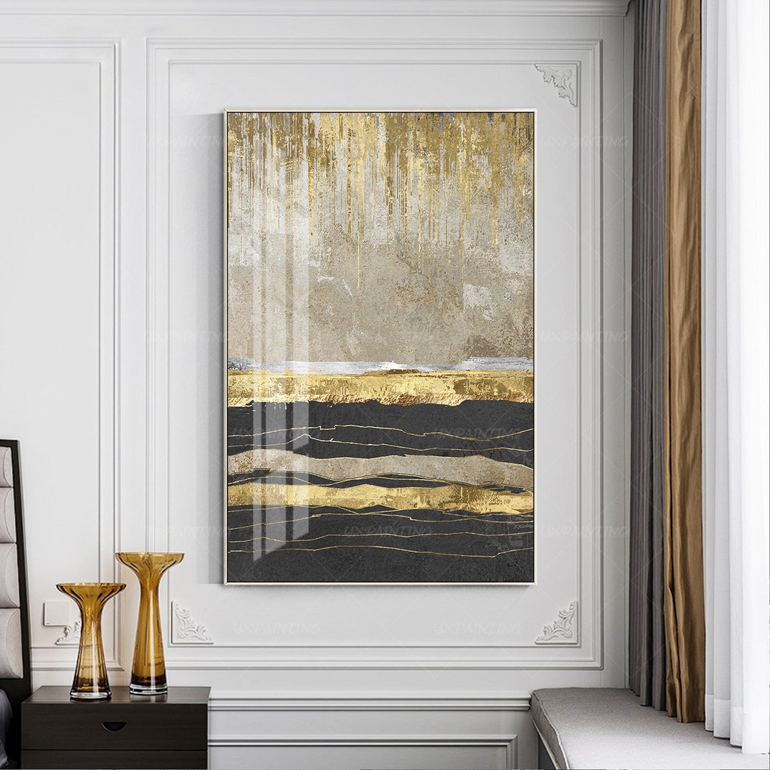 Framed Painting Gold Leaf Abstract Landscape Painting Black Acrylic Painting on Canvas Original