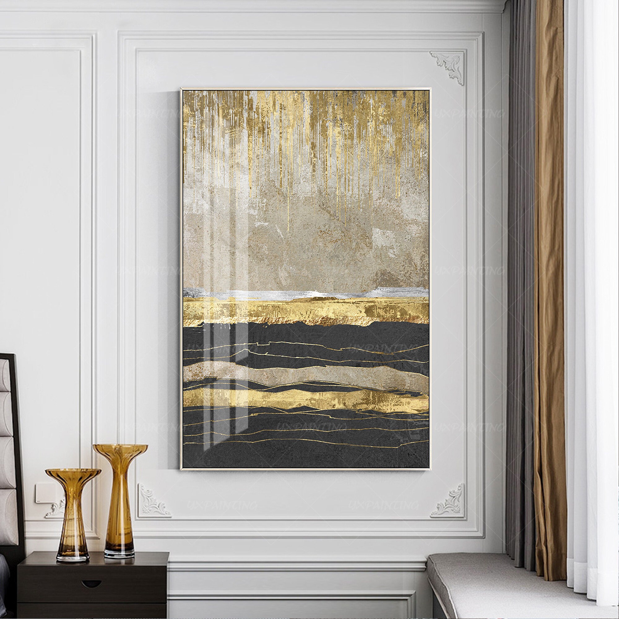 抽象アクリル画 金箔アート 淡い波の金箔抽象画 PALE WAVES ABSTRACT W/ GOLD LEAF – Artbar