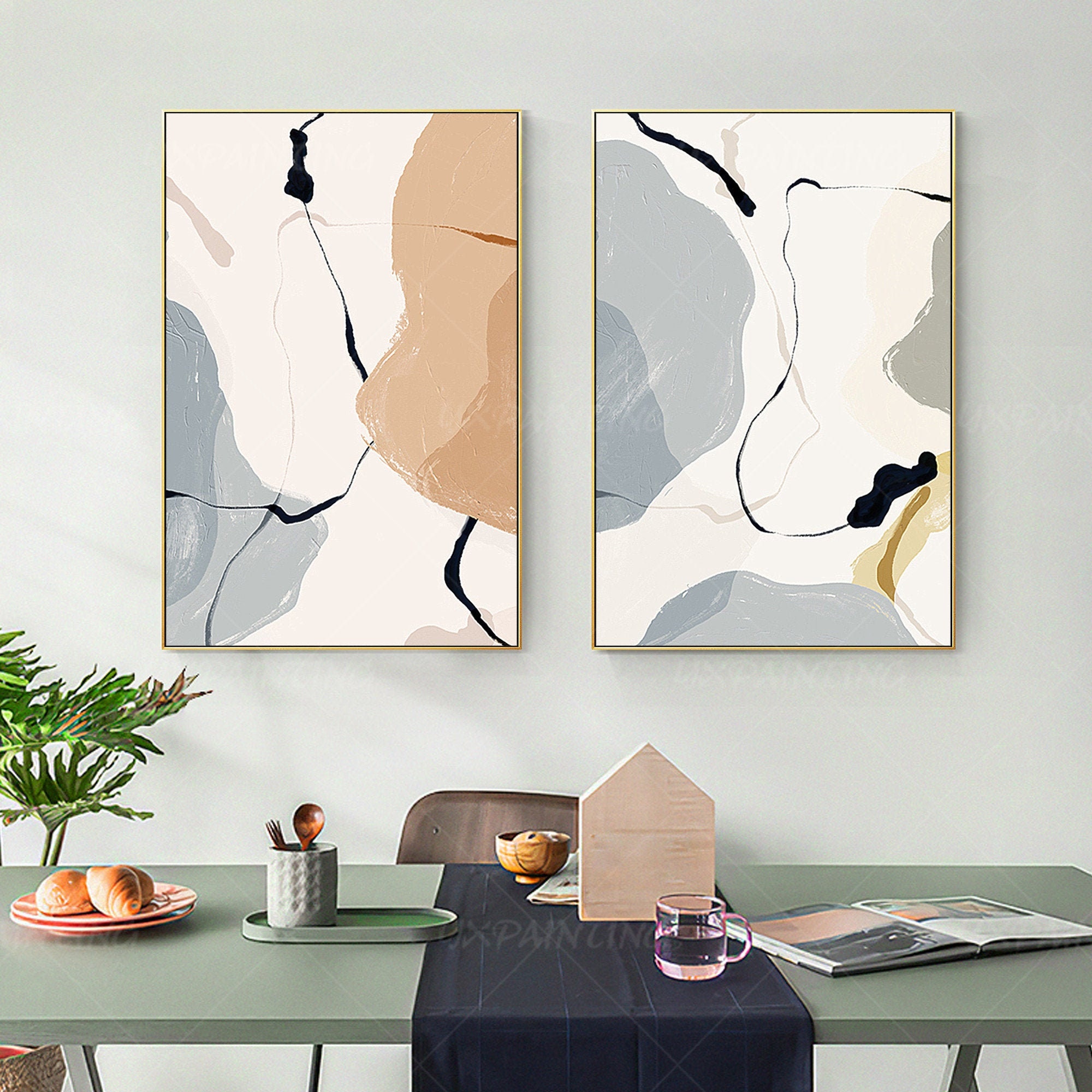 Set of 2 wall art framed painting beige and grey painting 2 Etsy