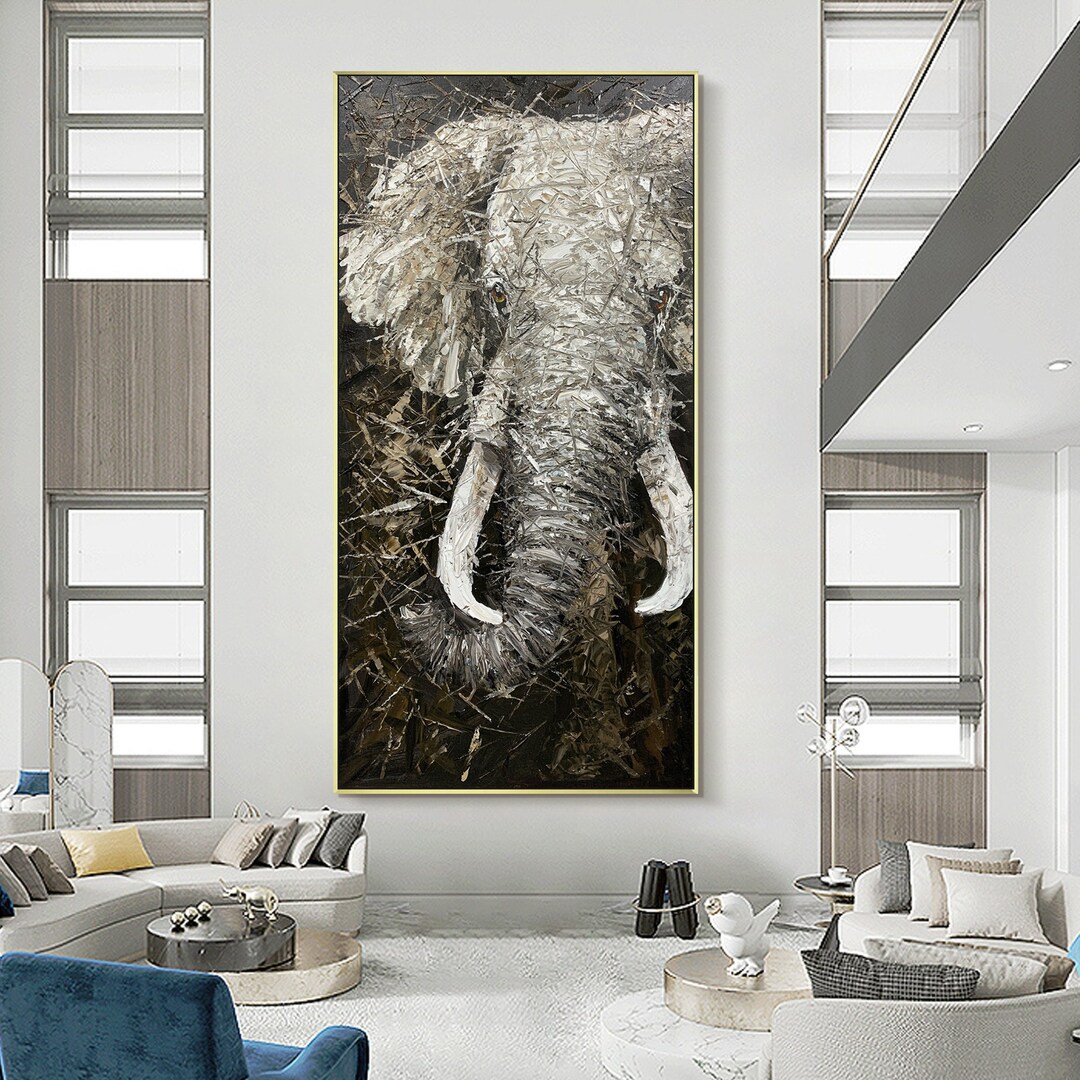 Black White Elephant Painting on Canvas Elephant Wall Art Etsy