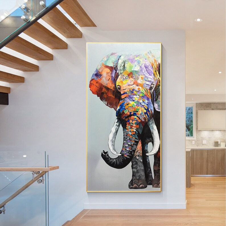 Elephant Painting on Canvas Elephant Wall Art Long Vertical Etsy