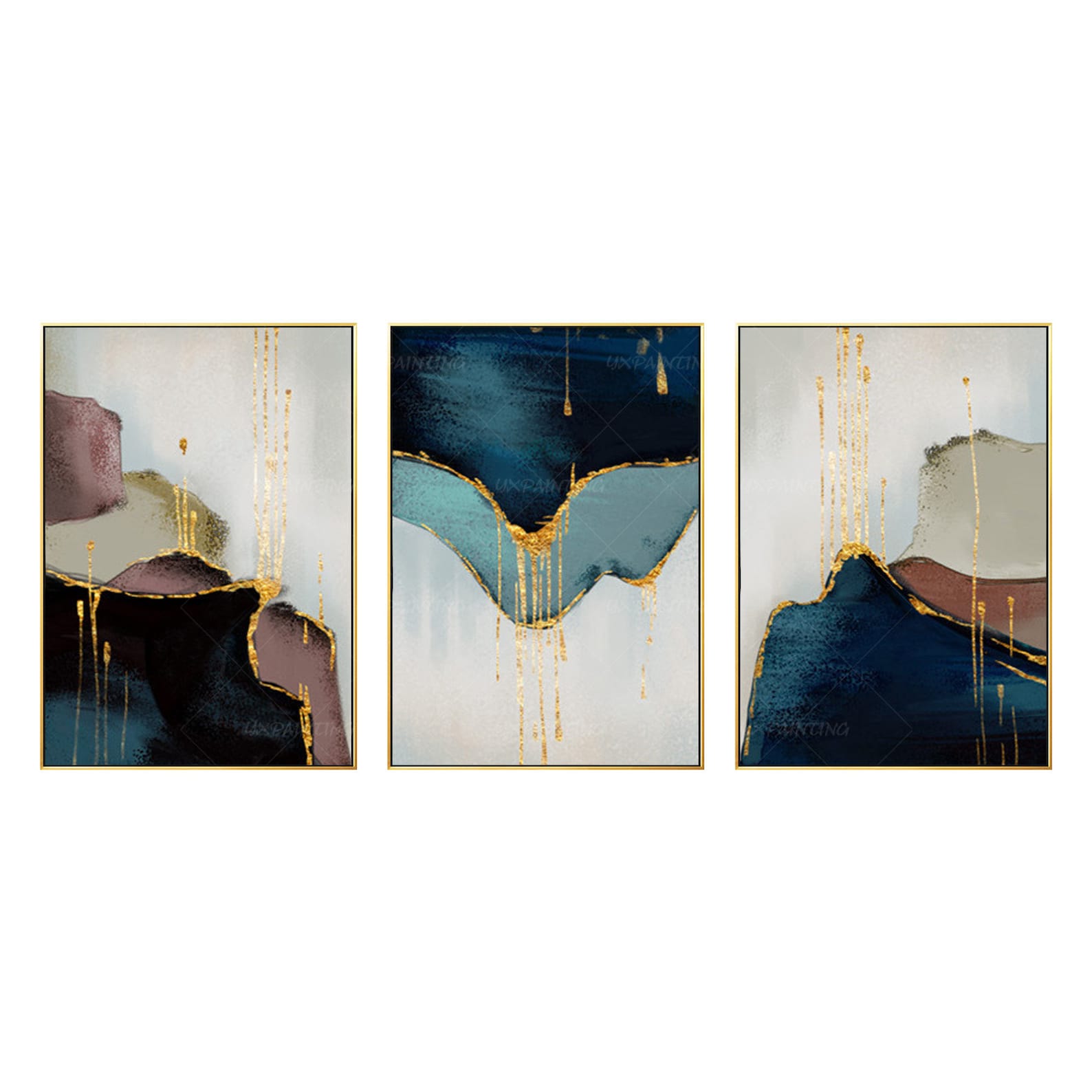Set of 3 Pieces Framed Wall Art Abstract Painting Gold Navy Etsy