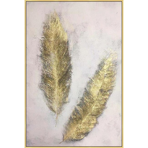 Cuadro decorativo de plumas doradas y plateadas/pintura acrílica