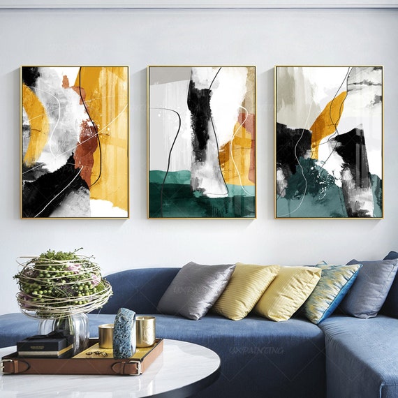 3 Pieces Modern Abstract Wall Decor Set Square Canvas Painting with Frame  Living Room