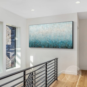 Blue White Heavy Texture Abstract Painting On Canvas, Long Extra Large Horizontal Framed Wall Art, Abstract Painting Bedroom Wall Art
