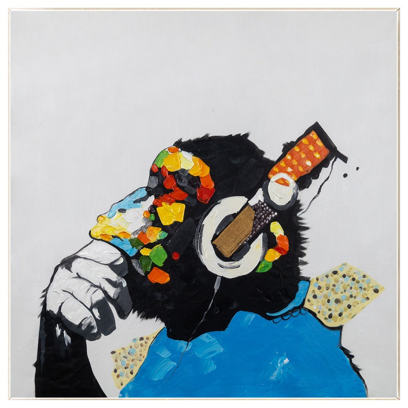 May include: A colorful abstract painting of a monkey wearing headphones. The monkey is wearing a blue shirt and has a colorful pattern on its head. The background is white.