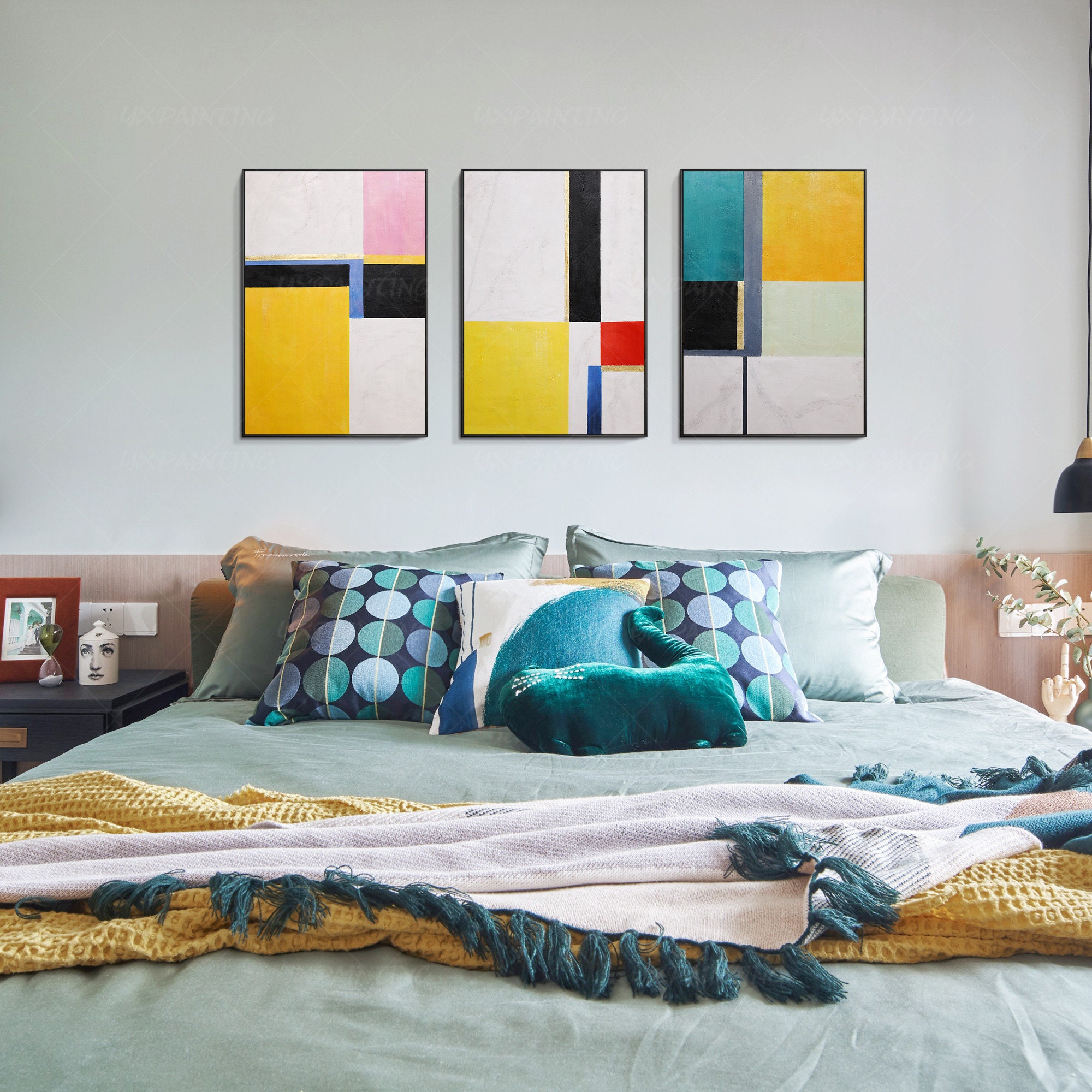 Framed Painting Set of 3 Wall Art Gold Art Yellow Abstract Etsy