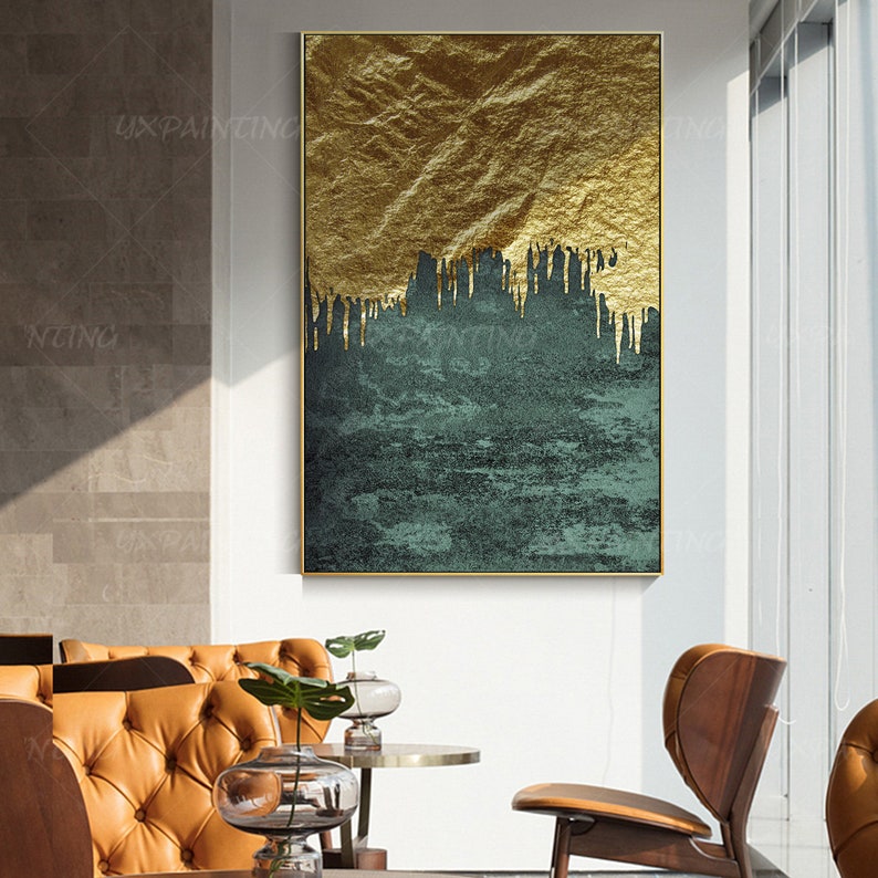 Gold Leaf Green Painting Framed Wall Art Original Acrylic Painting on ...