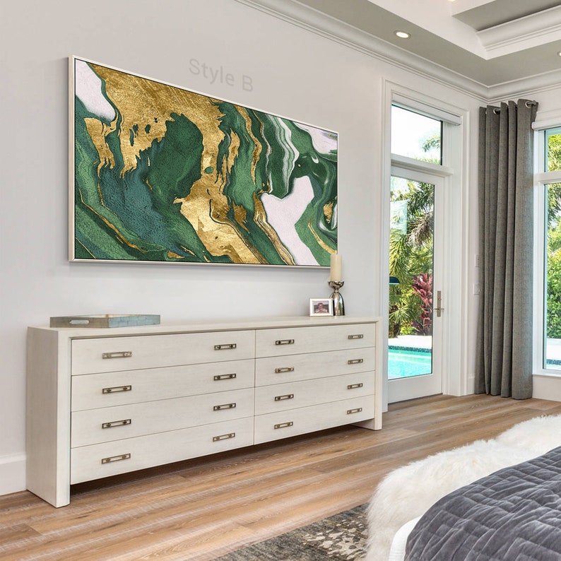 Gold Emerald Green Abstract Texture Wall Art Framed Long Huge Etsy