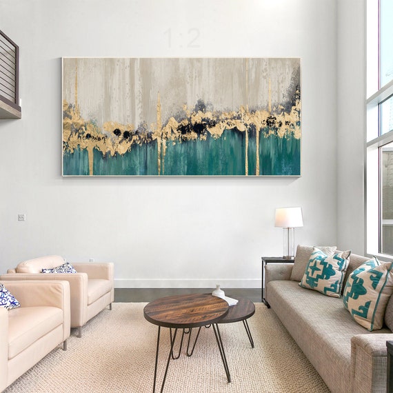 Mingdian Art Quadro Astratto 3 Pezzi Su Tela, 61x142 Cm, Blu, Oro E Verde, Decorazione Moderna Per Soggiorno E Camera Da Letto