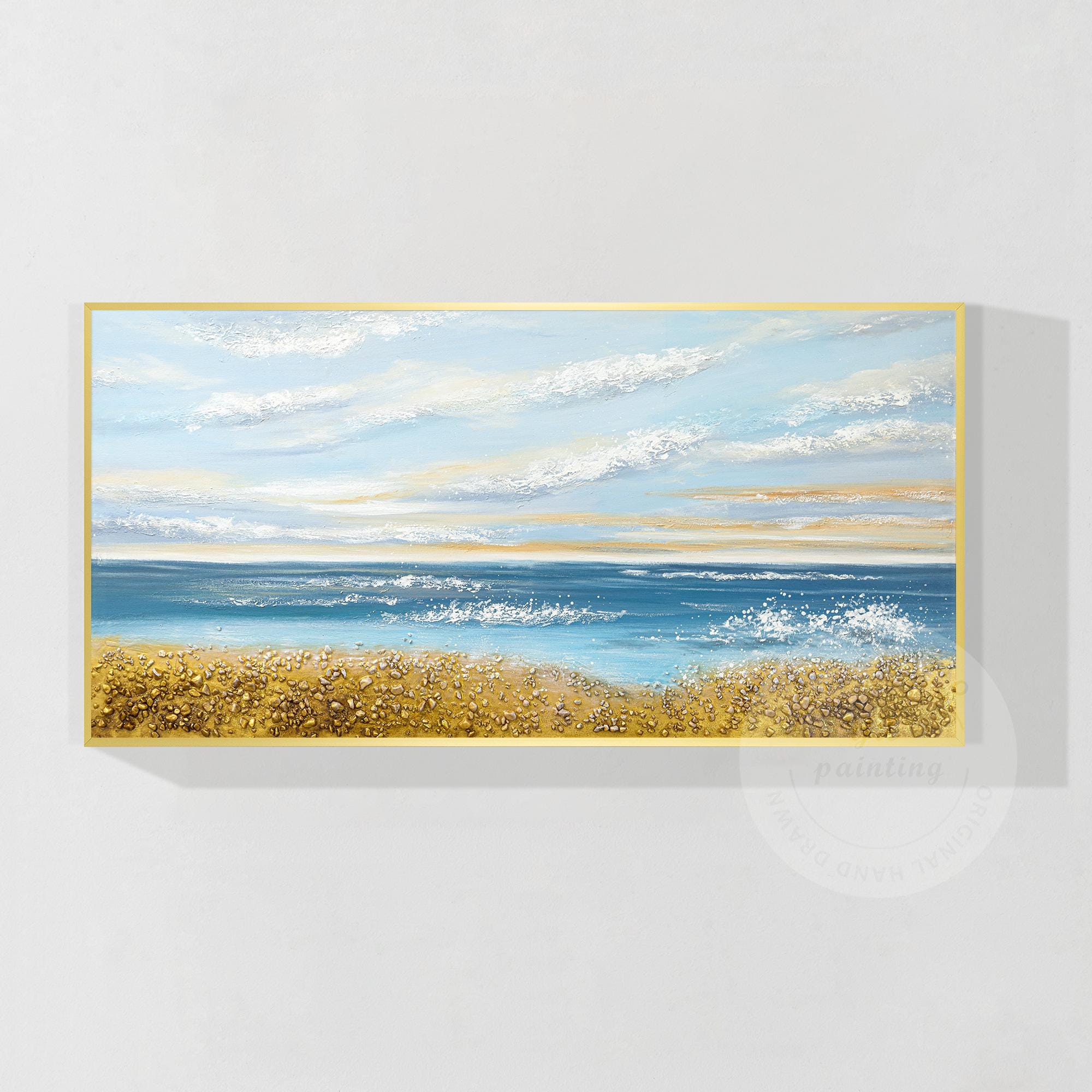 青い海と空、金色の砂浜の海景、キャンバスに描かれたオリジナル絵画