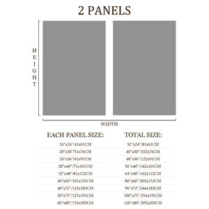 May include: A diagram showing two grey rectangular panels labeled 2 PANELS with height and width indicators. Below are lists of available sizes in inches and centimeters for each panel and the total combined size, ranging from 16x24 to 60x80 inches.