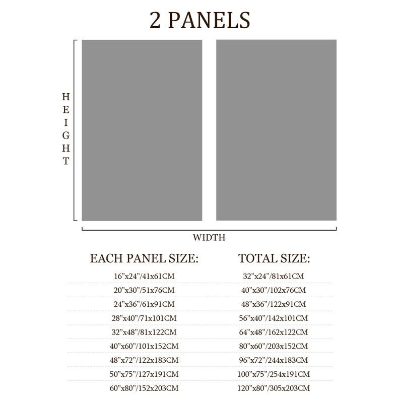 May include: A diagram showing two grey rectangular panels labeled 2 PANELS with height and width indicators. Below are lists of available sizes in inches and centimeters for each panel and the total combined size, ranging from 16x24 to 60x80 inches.