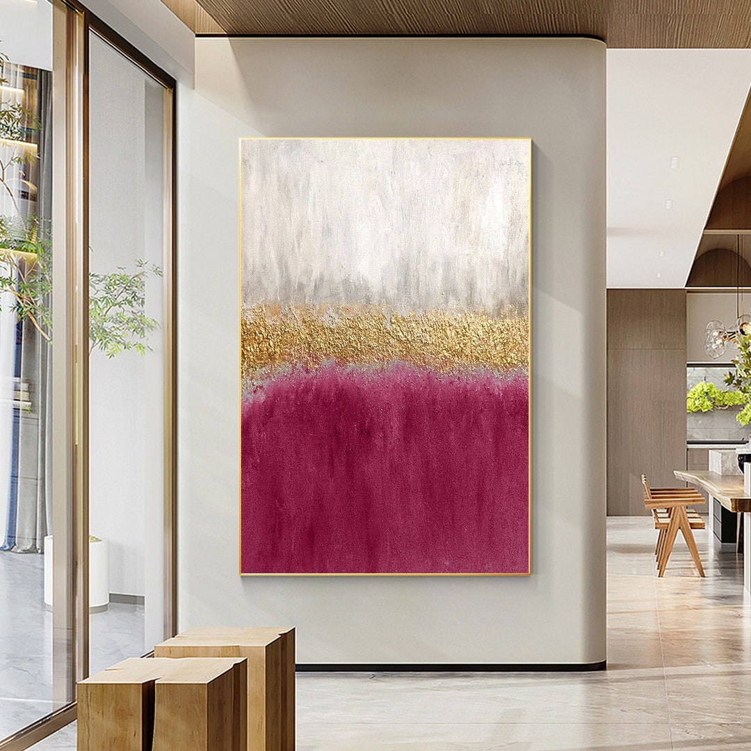 Pink Gold Textured Abstract Painting on Canvas, Framed Modern Wall Art ...