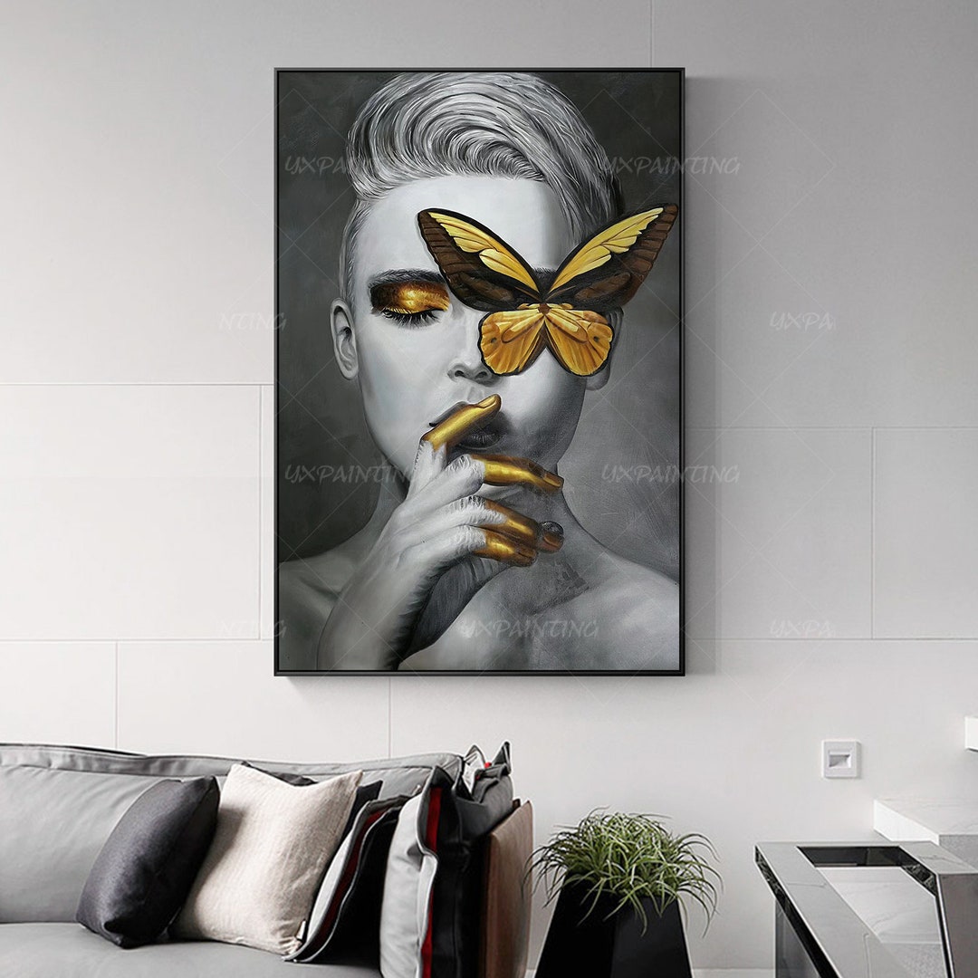 Framed Wall Art Gold Art Woman Potrait and Butterfly Oil - Etsy