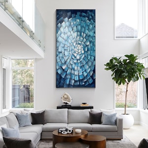 Image showcasing Blue Abstract Texture Wall Art Original Painting on Canvas, Geometric ...