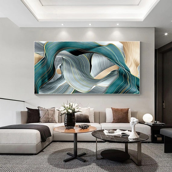 Teal Gold Turquoise Framed Wall Art original Painting on Canvas