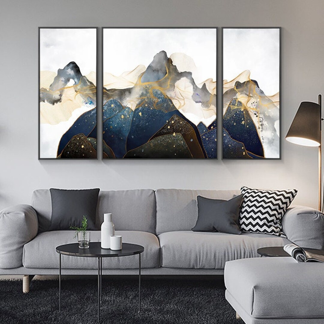 3 Pieces Framed Painting Gold Line Black Mountain Art Acrylic - Etsy