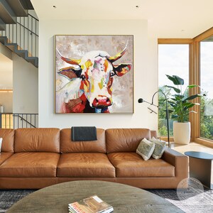 Colorful Cow Painting on Canvas, Heavy Texture Palette Knife Farmhouse Wall Art, Square Wabi Sabi POP Art Cattle Statement Decor image 3