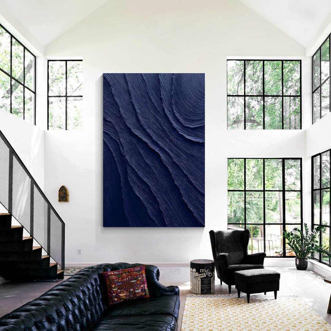Navy Blue 3D Texture Wall Art, Extra Large Minimalist Canvas Painting ...