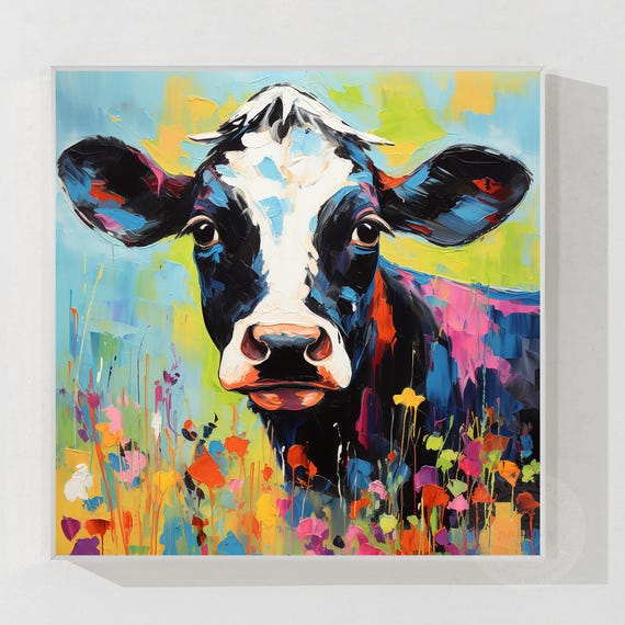 Textured Calf Painting Colorful Flowers, Original Oil Painting on