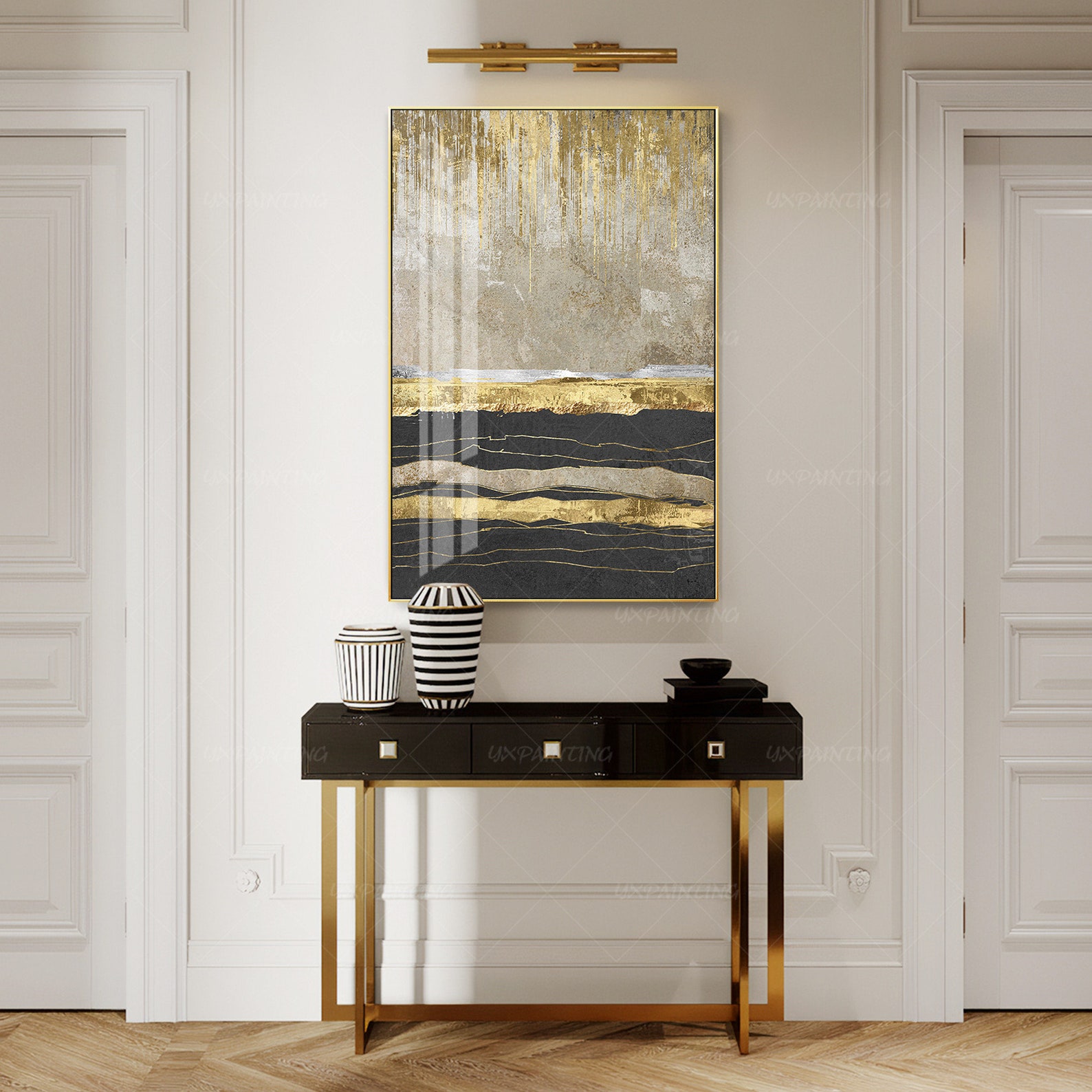 Framed Painting Gold Leaf Abstract Landscape Painting Black Acrylic ...