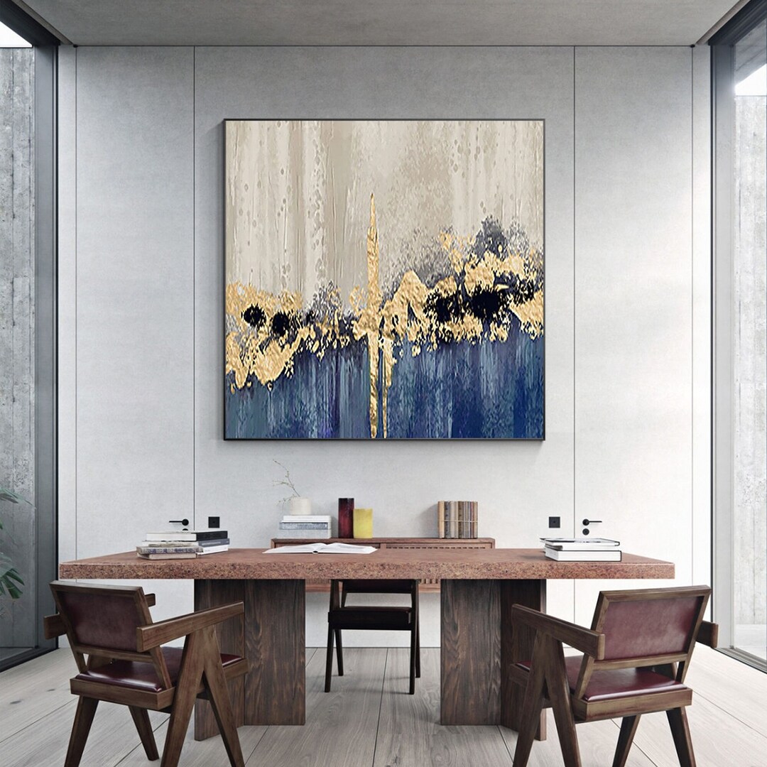 Blue Gold Foil Abstract Painting: Textured Square Canvas Wall Art - Etsy
