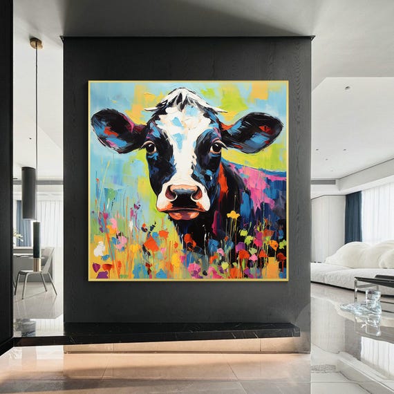 Textured Calf Painting Colorful Flowers, Original Oil Painting on