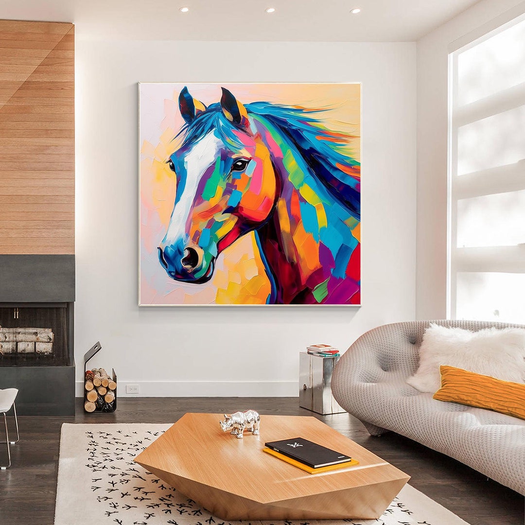 カラフルな馬の油絵：キャンバスに描かれた農家風ポップアート - Etsy 日本