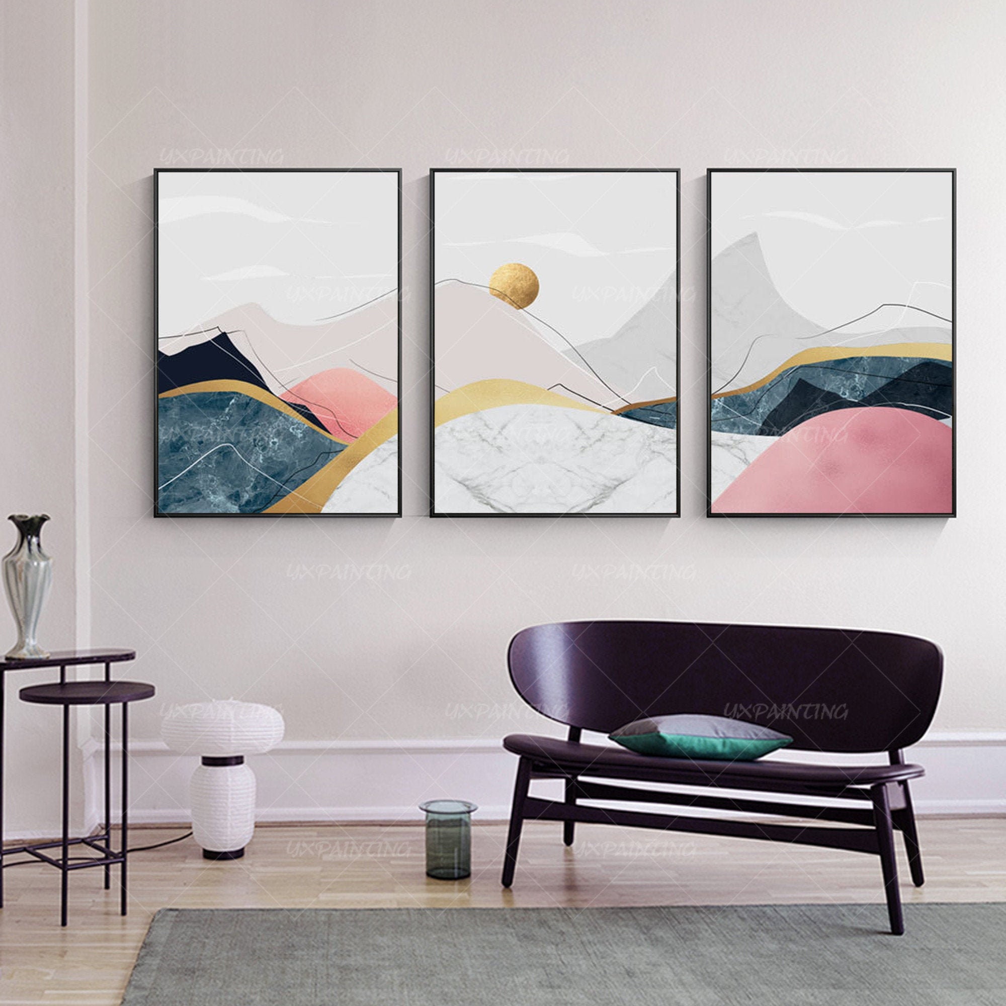 Abstract Mountain Framed print wall art Set of 3 wall art Gold Etsy