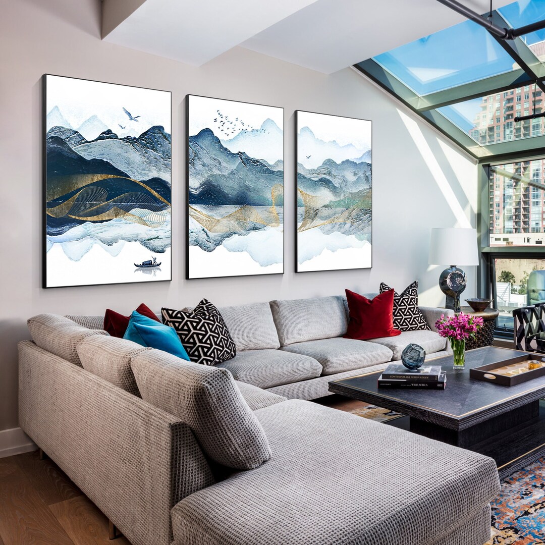 Mountain Painting Prints, Set of 3 Wall Art Prints, Abstract Gold Teal ...