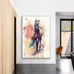 Pferdemalerei Aquarell BOHO Pferd Abstrakte Malerei Auf Leinwand, Vertikal Riesiges Extragroßes Pferd Wandkunst Wohnzimmer Dekor
