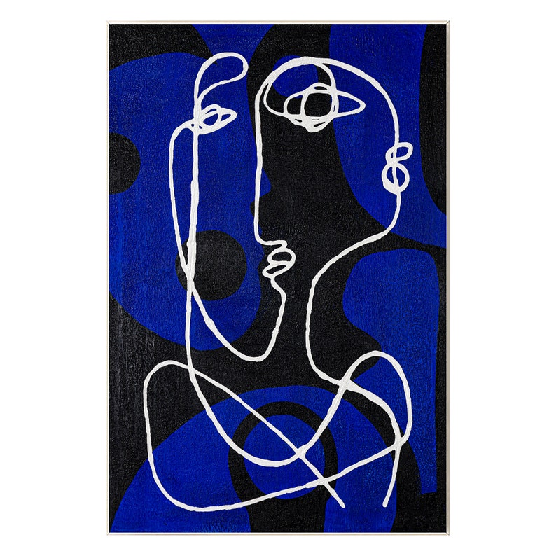 Dessin au trait Picasso une ligne original bleu minimaliste peinture sur toile, très grande taille art mural maison bleu minimaliste texturé Art déco Silver Frame