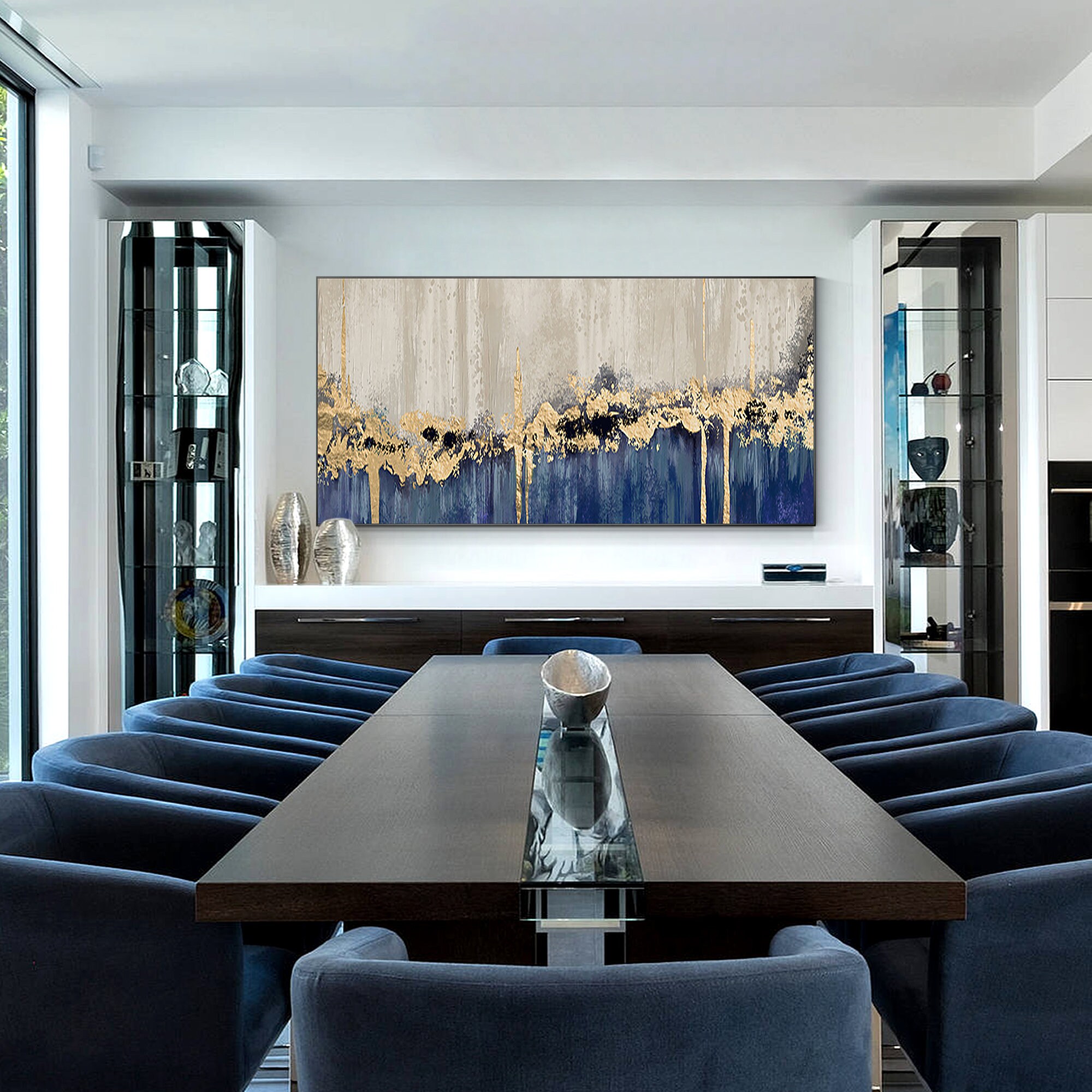 Gold Leaf Navy Blue Abstract Landscape Painting: Oversized Wall