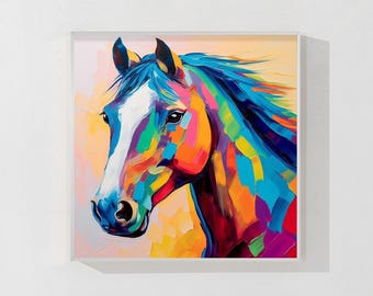 カラフルな馬の油絵：キャンバスに描かれた農家風ポップアート - Etsy 日本