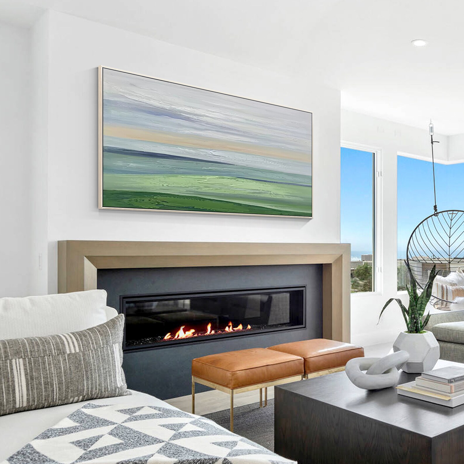 Sage Green Wall Art Framed Landscape Painting on Canvas Long Etsy