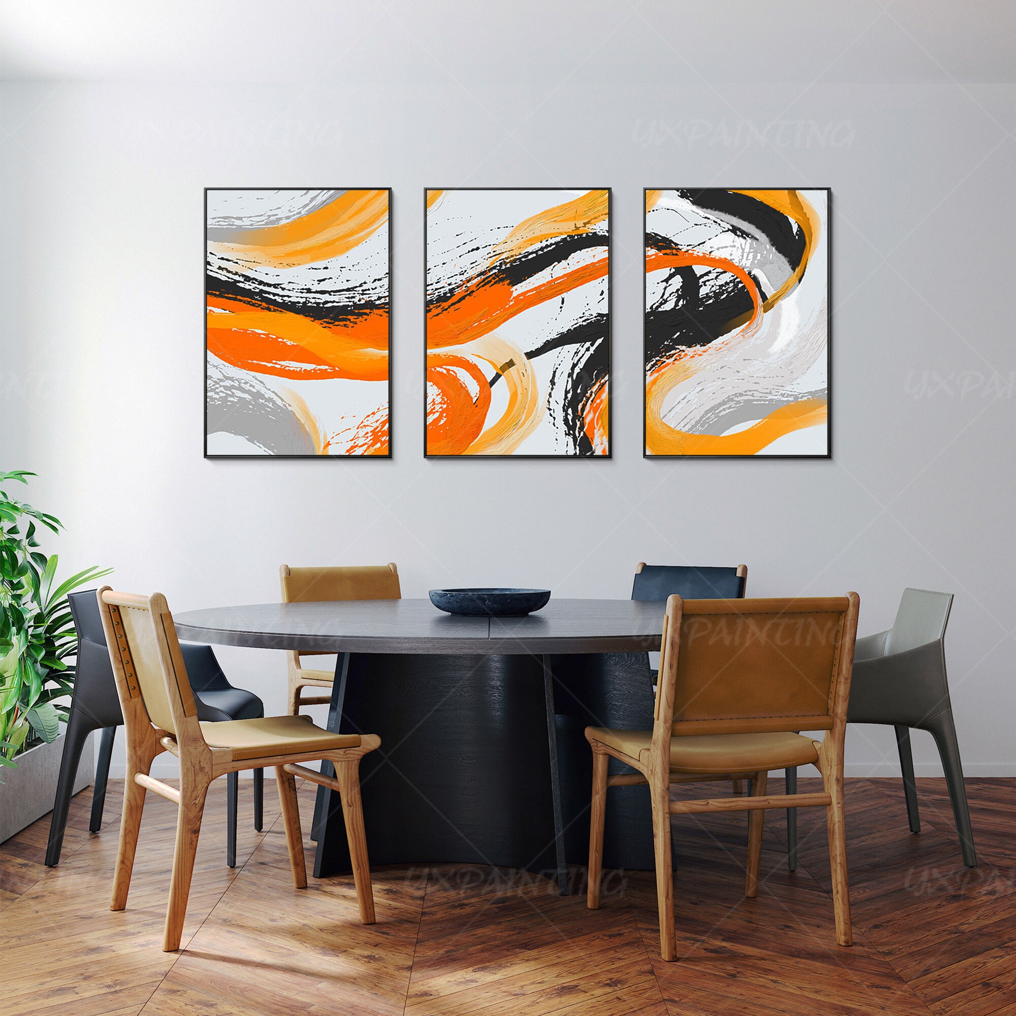 Water Color Set of 3 Wall Art Abstract Black Orange Wall Art Etsy