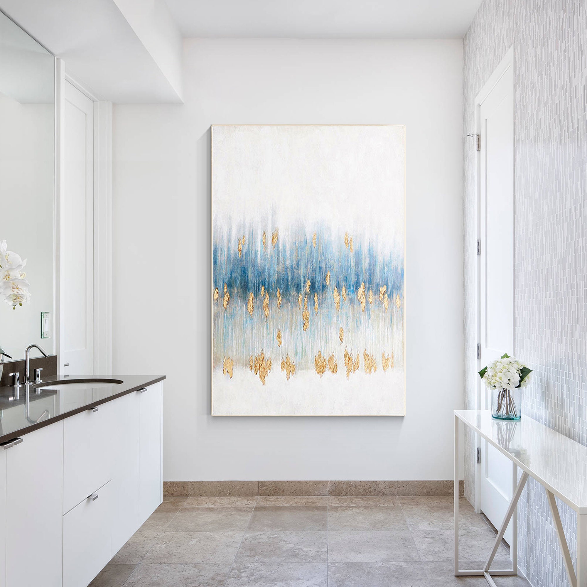 Gold Foil Blue Abstract Painting on Canvas, Extra Large Wall Art Living ...