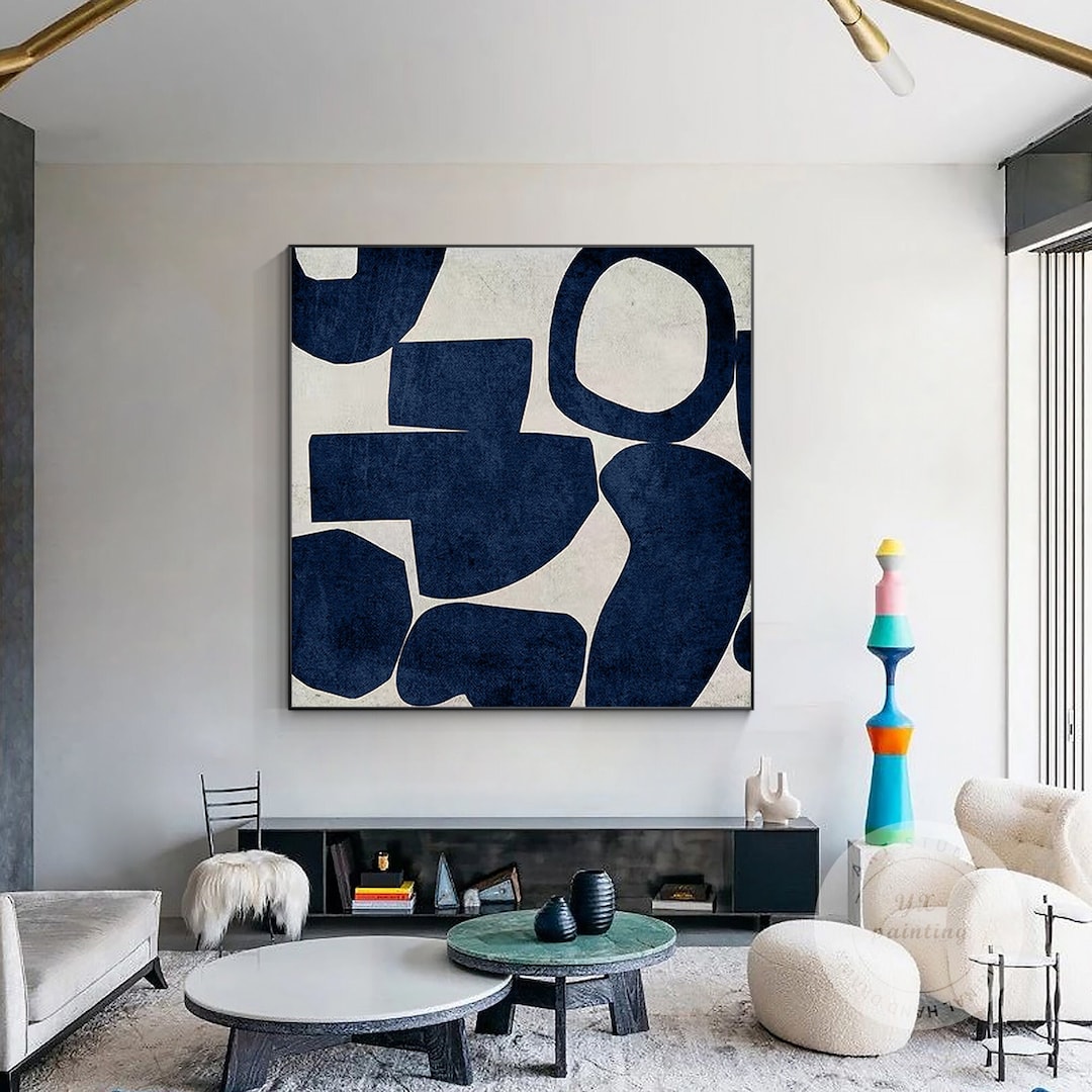 Navy Blue Geometric Painting Minimalist Painting on Canvas, Square Wall