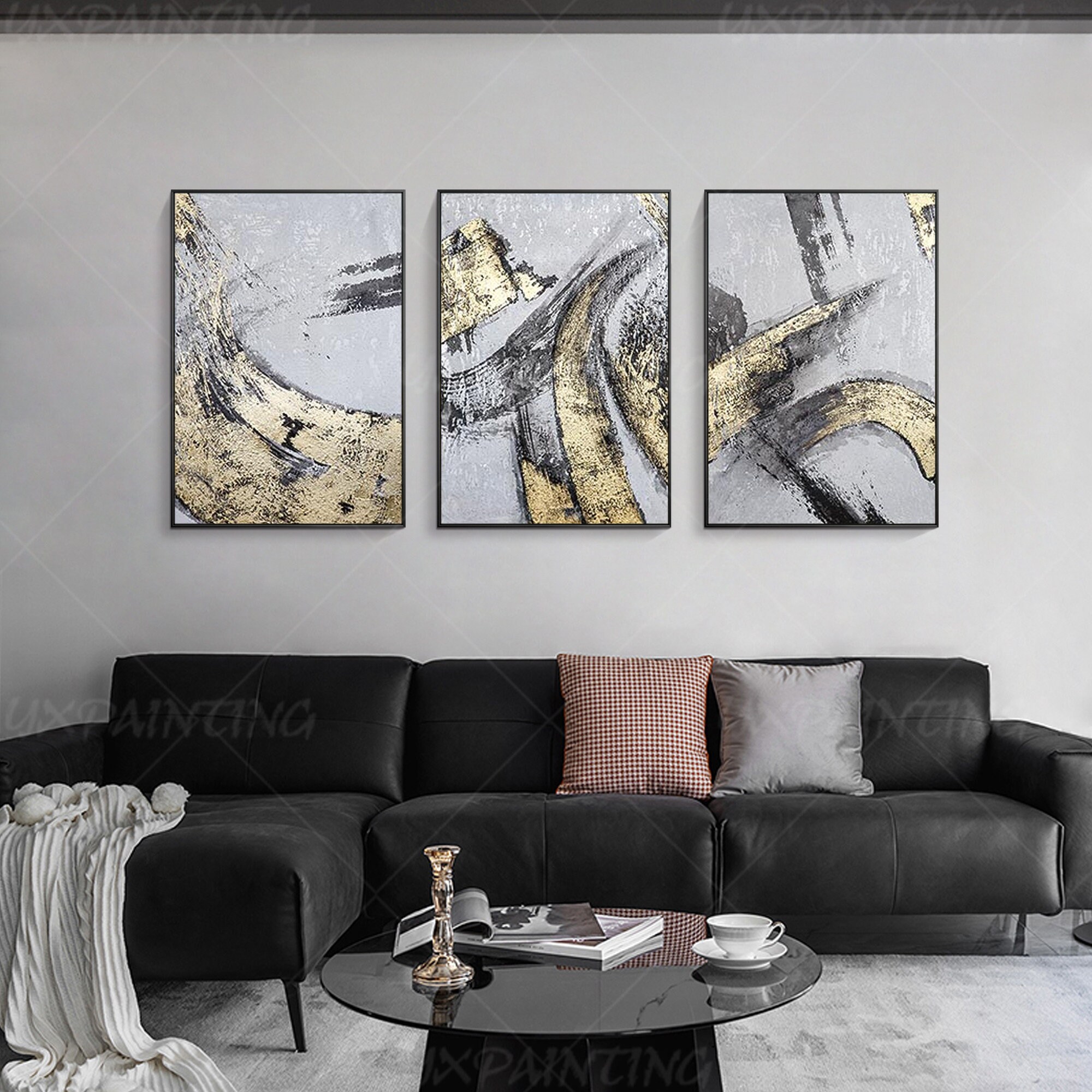 Gold art Framed painting Set of 3 wall art abstract grey black Etsy