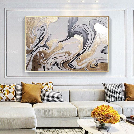 Gold Foil Gray Original Abstract Painting on Canvas Framed Wall