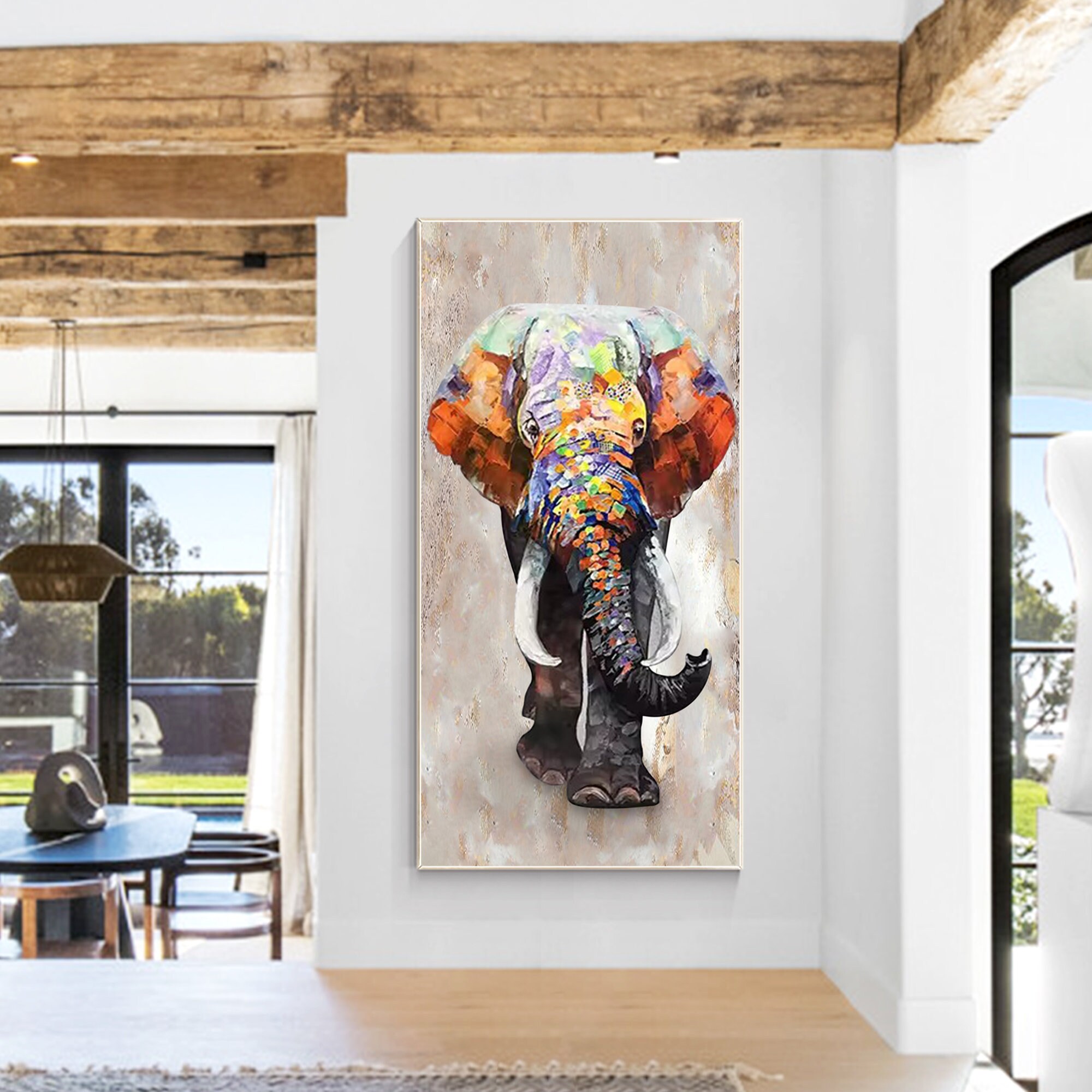 キャンバスに描かれた象の絵画：額入りの侘び寂びウォールアート