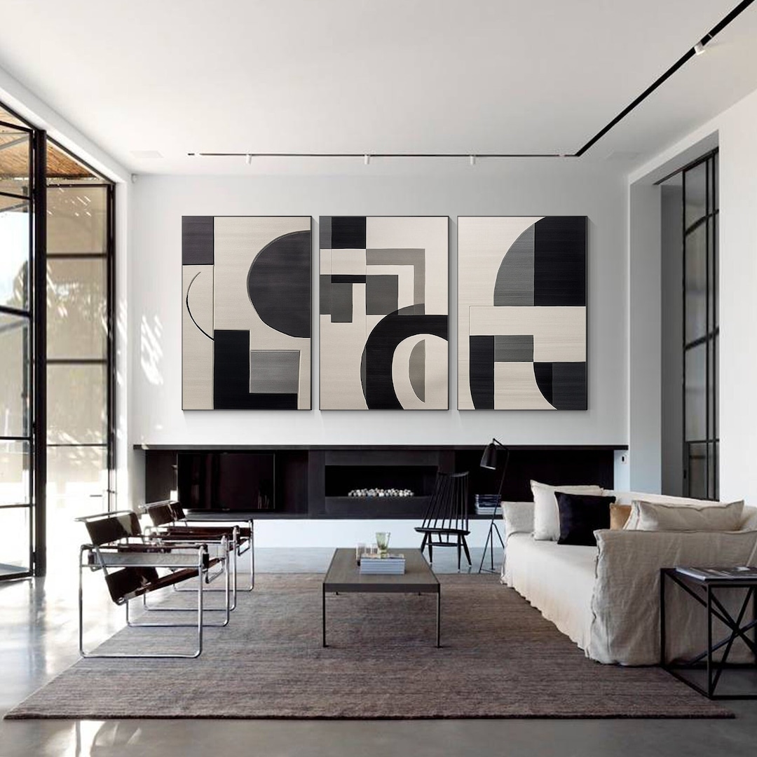 Set of 3 Black Gray Abstract Wall Art, 3 Pieces Abstract Geometric
