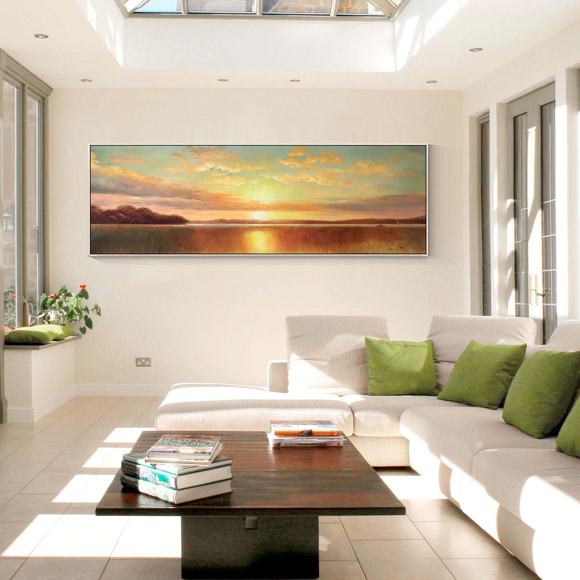 Original Sunrise Sunset Landscape Painting: Long Horizontal Canvas
