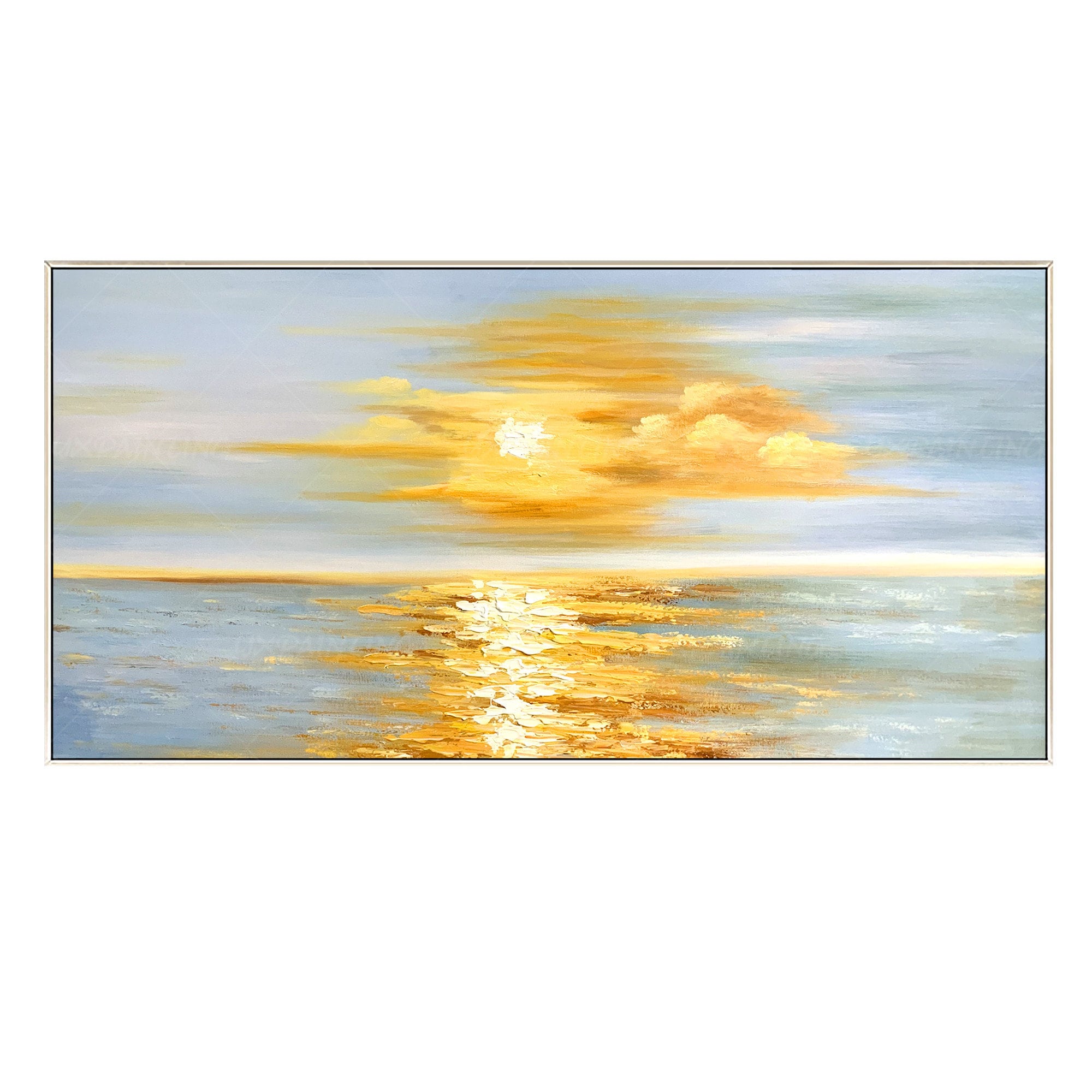 黄金の日の出の壁アート、オリジナルの海景の横長の壁アート（額入り