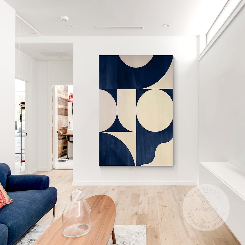 Navy Blue Geometric Abstract Wall Art, Large Minimalist Canvas Painting ...