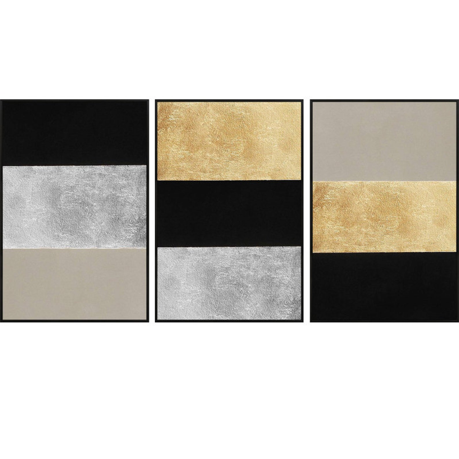 Set of 3 Wall Art Gold Art and Silver Art Abstract Acrylic Paintings on ...